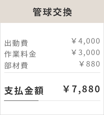 管球交換：出動費￥4,000 作業料金￥3,000 部材費￥800 【支払総額￥7,880】